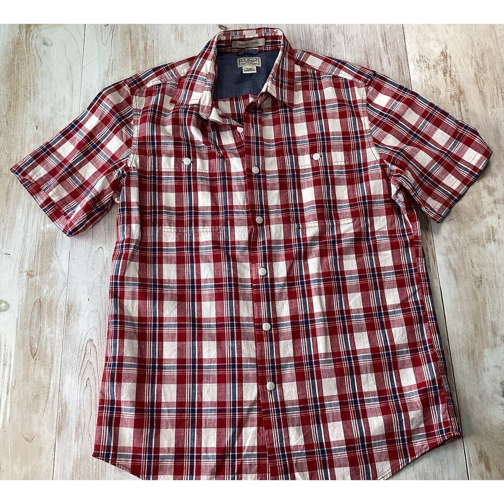 LL Bean Red White Blue Button Down Cotton Linen Men's Medium